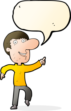 Bir insan tarafından çizilmiş konuşma balonuyla dans eden mutlu adam çizgi filmi.