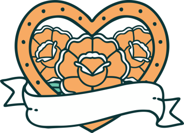 İkonik dövme stili bir kalp ve bir insan tarafından çizilmiş çiçekli pankart.