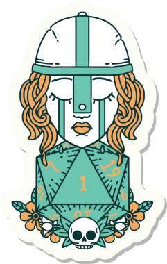 Ağlayan bir insan dövüşçüsünün çıkartması. Bir insan tarafından çizilmiş doğal bir D20 rulosu.