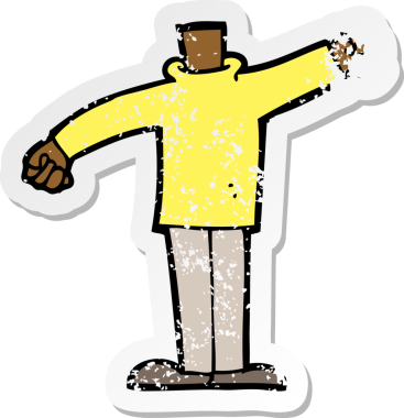 Bir insan tarafından çizilmiş kollarını sallayan bir karikatür vücudunun gerilimli çıkartması.