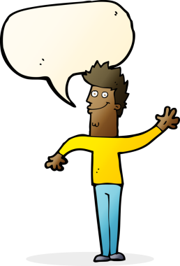 Bir insan tarafından çizilmiş konuşma balonlu mutlu sallanan adam.