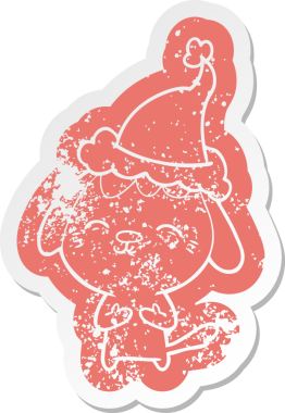 Mutlu bir çizgi film. Bir insan tarafından çizilmiş Noel Baba şapkası takan bir köpeğin hüzünlü çıkartması.