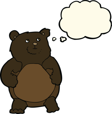 Bir insan tarafından çizilmiş düşünce baloncuklu çizgi film ayısı.