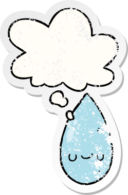 Düşünce baloncuklu tatlı yağmur damlası, bir insan tarafından çizilmiş yıpranmış bir çıkartma gibi.