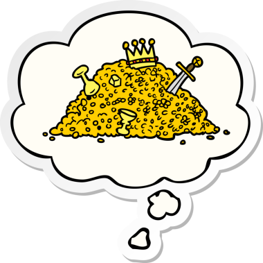 Düşünce baloncuklu bir hazine yığını insan tarafından çizilmiş bir çıkartma.