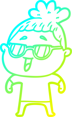 Bir insan tarafından çizilmiş gözlük takan mutlu bir kadının çizgi film çizimi.