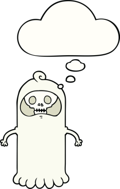 Bir insan tarafından çizilmiş düşünce baloncuğu olan tuhaf kafataslı bir karikatür.