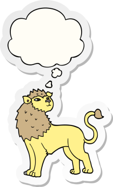 Düşünce baloncuklu çizgi film aslanı insan tarafından çizilmiş bir çıkartma.