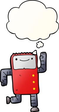 Bir insan tarafından çizilmiş, düşünce baloncuklu çizgi film robotu.
