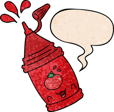 Bir insan tarafından çizilmiş eski moda konuşma baloncuklu ketçap şişesi.