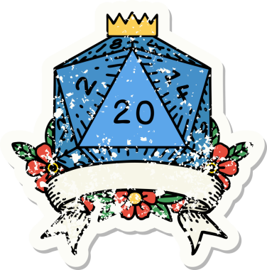 Bir insan tarafından çekilen 20 kritik vuruşluk D20 zar atımının grunge çıkartması.