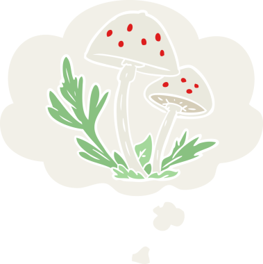 Düşünce baloncuğu olan karikatür mantarları insan tarafından çizilmiş.