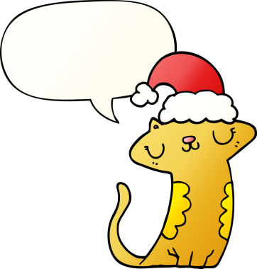 Sevimli çizgi film kedisi Noel şapkası takıyor ve konuşma baloncuğu bir insan tarafından çizilmiş.