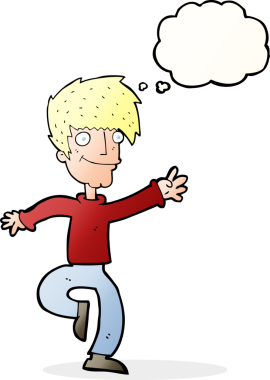 Bir insan tarafından çizilmiş düşünce baloncuğuyla dans eden mutlu adam çizgi filmi.