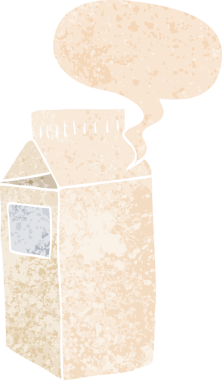 Bir insan tarafından çizilmiş grunge sıkıntılı retro desenli konuşma baloncuklu çizgi film süt kutusu