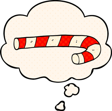 Çizgi roman tarzında bir insan tarafından çizilmiş düşünce balonlu şeker kamışı.