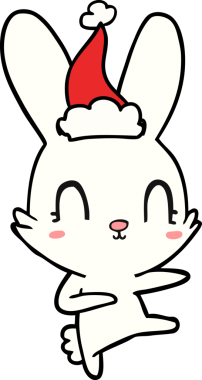 Bir insan tarafından çizilmiş Noel Baba şapkasıyla dans eden bir tavşan çizimi.