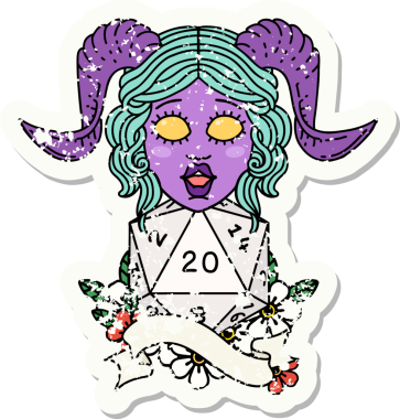 Bir insan tarafından çizilmiş doğal yirmilik zarla süslenmiş grunge çıkartması.