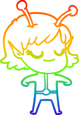 Bir insan tarafından çizilmiş gülümseyen uzaylı kız çizgi filmi.