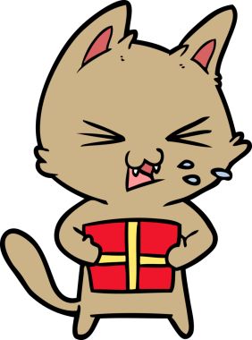 Bir insan tarafından çizilmiş Noel hediyeli tıslayan kedi çizgi filmi.