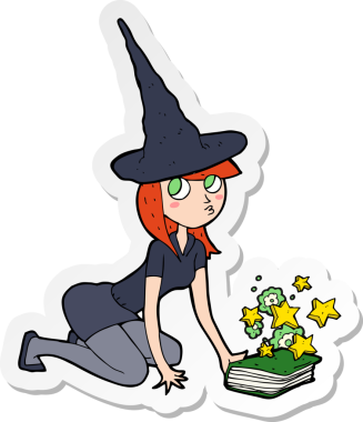 Bir cadının çıkartması ve bir insan tarafından çizilmiş büyü kitabı.