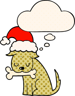 Bir insan tarafından çizilmiş çizgi roman tarzında düşünce balonu olan şirin bir Noel köpeği.