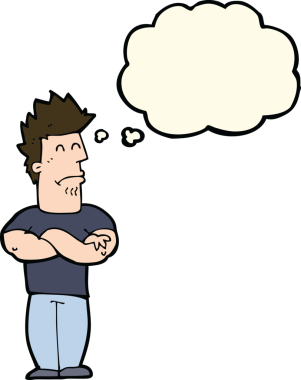 Bir insan tarafından çizilmiş düşünce baloncuğu olan somurtkan bir adam.