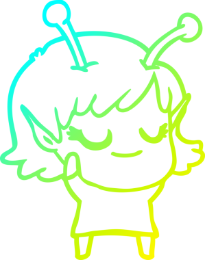 Bir insan tarafından çizilmiş gülümseyen uzaylı kız çizgi filmi.