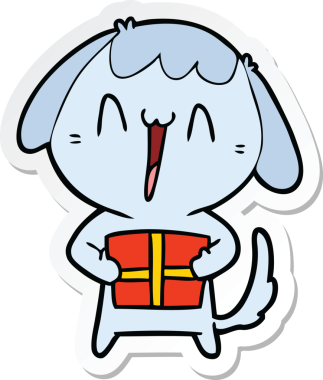 Bir insan tarafından çizilmiş Noel hediyeli şirin bir köpeğin çıkartması.