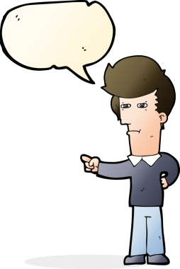 Bir insan tarafından çizilmiş bir konuşma balonuyla işaret eden çizgi film adamı.