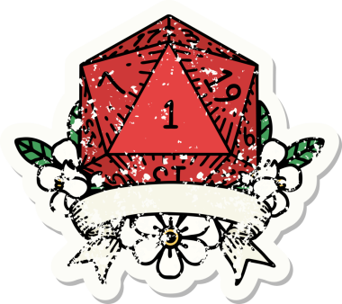 Bir insan tarafından çizilmiş doğal bir d20 zarının grunge çıkartması.