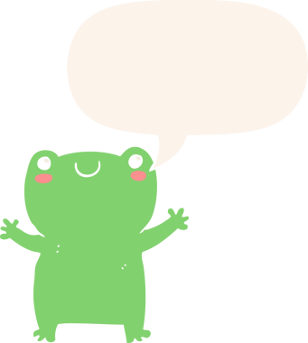 Bir insan tarafından çizilmiş konuşma baloncuğu olan sevimli çizgi film kurbağası.