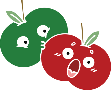 Bir insan tarafından çizilmiş bir çift elmanın düz renkli retro karikatürü