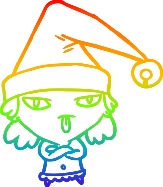 Gökkuşağı gradyan çizgisi bir insan tarafından çizilmiş Noel şapkası giyen bir kızın çizimi