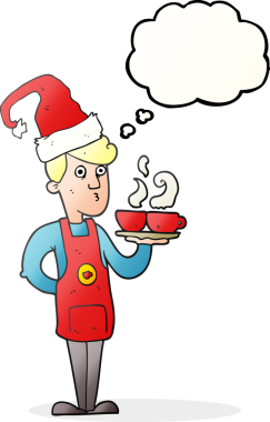 Bir insan tarafından çizilen Noel 'de kahve servisi yapan serbest çizim düşünce balonu çizgi film barmeni.