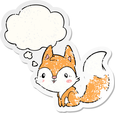 Düşünce baloncuğu olan çizgi film tilkisi insan tarafından çizilmiş yıpranmış bir çıkartma.