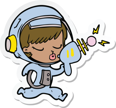 Bir insan tarafından çizilmiş ışın tabancalı güzel astronot bir kızın çıkartması.