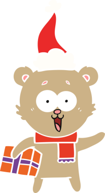 Bir insan tarafından çizilmiş Noel Baba şapkasıyla gülen oyuncak ayı.