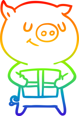 Gökkuşağı gradyan çizimi mutlu bir domuz çizgi filmi ve bir insan tarafından çizilmiş noel hediyesi