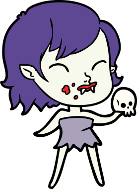 Bir insan tarafından çizilmiş yanağında kan olan vampir kız çizgi filmi.