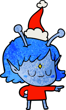 Bir insan tarafından çizilmiş Noel Baba şapkası giyen uzaylı bir kızın el çizimi karikatürü.