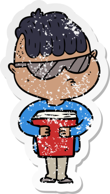 Bir insan tarafından çizilmiş güneş gözlüğü takan çizgi film karakterinin sıkıntılı çıkartması.