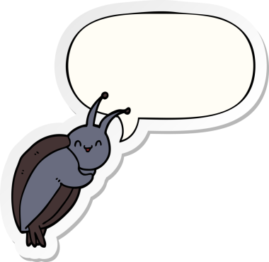 Bir insan tarafından çizilmiş konuşma kabarcığı çıkartmalı sevimli çizgi film böceği.