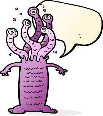 Bir insan tarafından çizilmiş konuşma balonlu çizgi film canavarı.