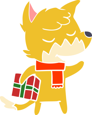 Bir insan tarafından çizilmiş Noel hediyeli düz renkli çizgi film tilkisi.