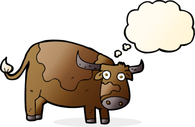 Bir insan tarafından çizilmiş düşünce balonlu çizgi film ineği.