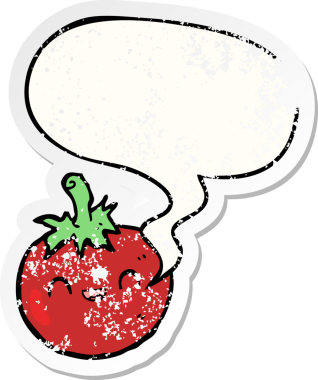 Konuşma baloncuklu şirin bir domates. Bir insan tarafından çizilmiş sıkıntılı eski bir çıkartma.