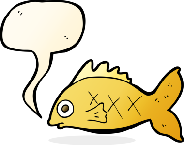 Bir insan tarafından çizilmiş konuşma balonlu çizgi film balığı.
