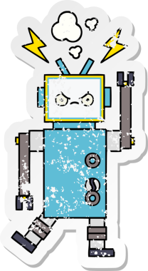 Bir insan tarafından çizilmiş sevimli bir robot çizgi film çıkartması.