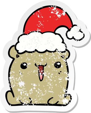 Bir insan tarafından çizilmiş Noel şapkalı şirin bir ayının sıkıntılı çıkartması.